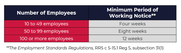 10 to 49 employees = 4 weeks of notice or pay in lieu of notice; 50 to 99 employees = 8 weeks of notice or pay in lieu of notice; and 100 or more employees = 12 weeks of notice or pay in lieu of notice.