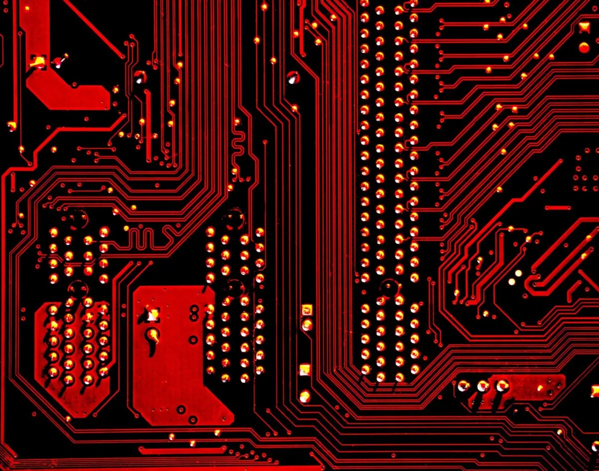 close up of a red computer chip