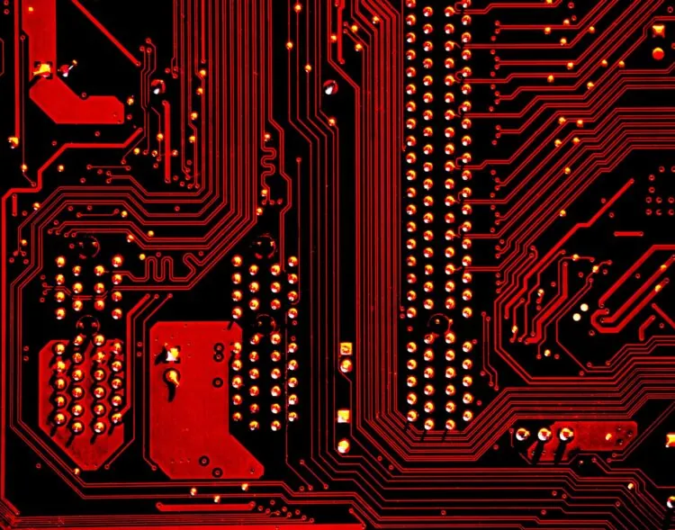 close up of a red computer chip