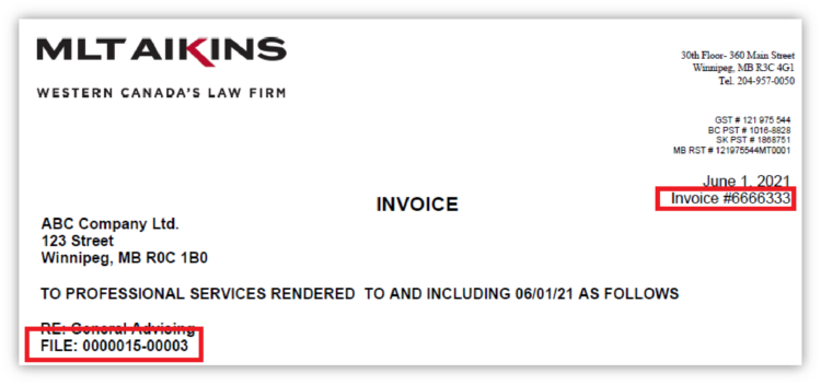 Sample invoice indicating location of invoice and file numbers