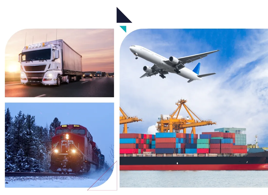 Collage of transportation scenes, including a transport truck on a road, a train passing evergreens in winter and a plane flying past a cargo ship.
