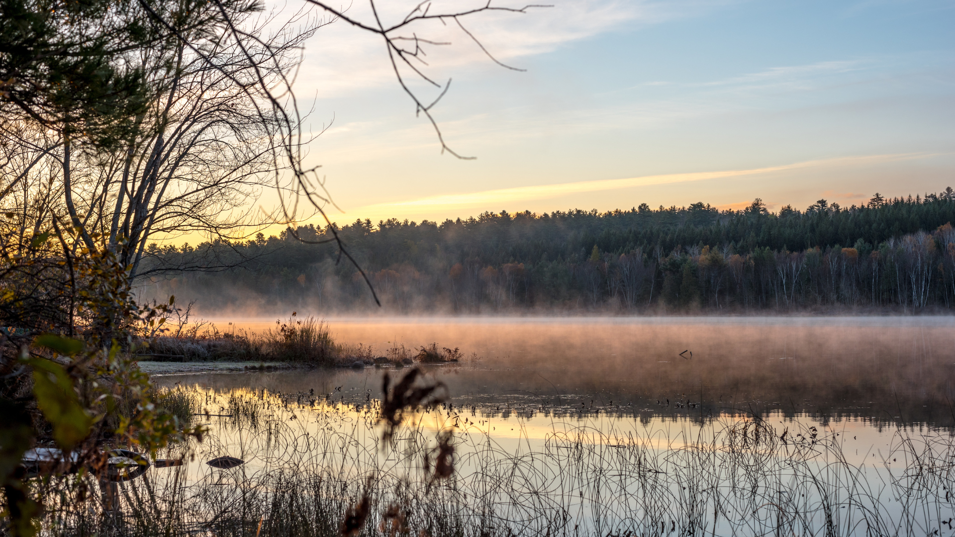 The riverbanks in Chalk River at dusk