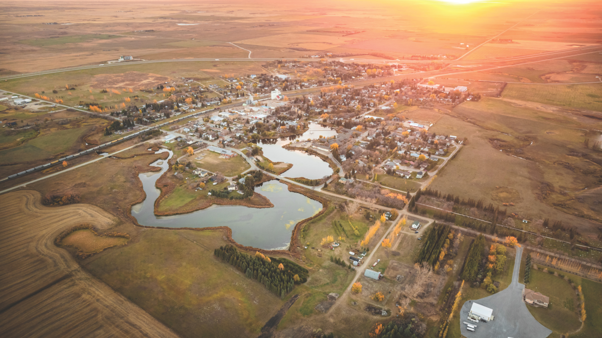 Saskatchewan Rural Municipality at sunrise, aerial image
