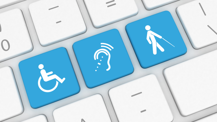 Wheelchair, hearing impairment and visual impairment icons depicted as keys on a keyboard.