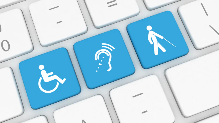 Wheelchair, hearing impairment and visual impairment icons depicted as keys on a keyboard.