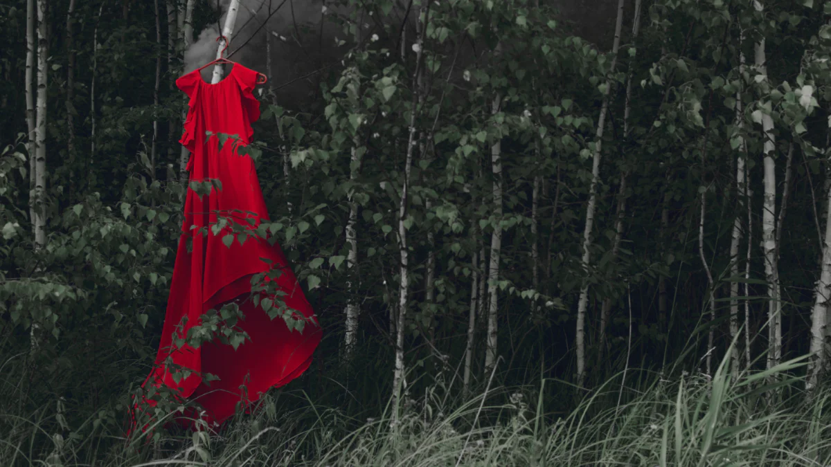 A photo of an empty red dress hanging from a tree in a forest.