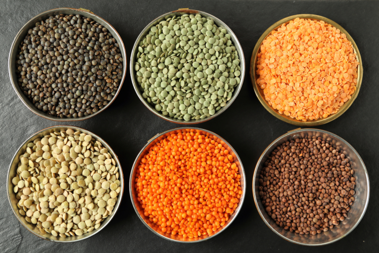 Colourful lentils in bowls