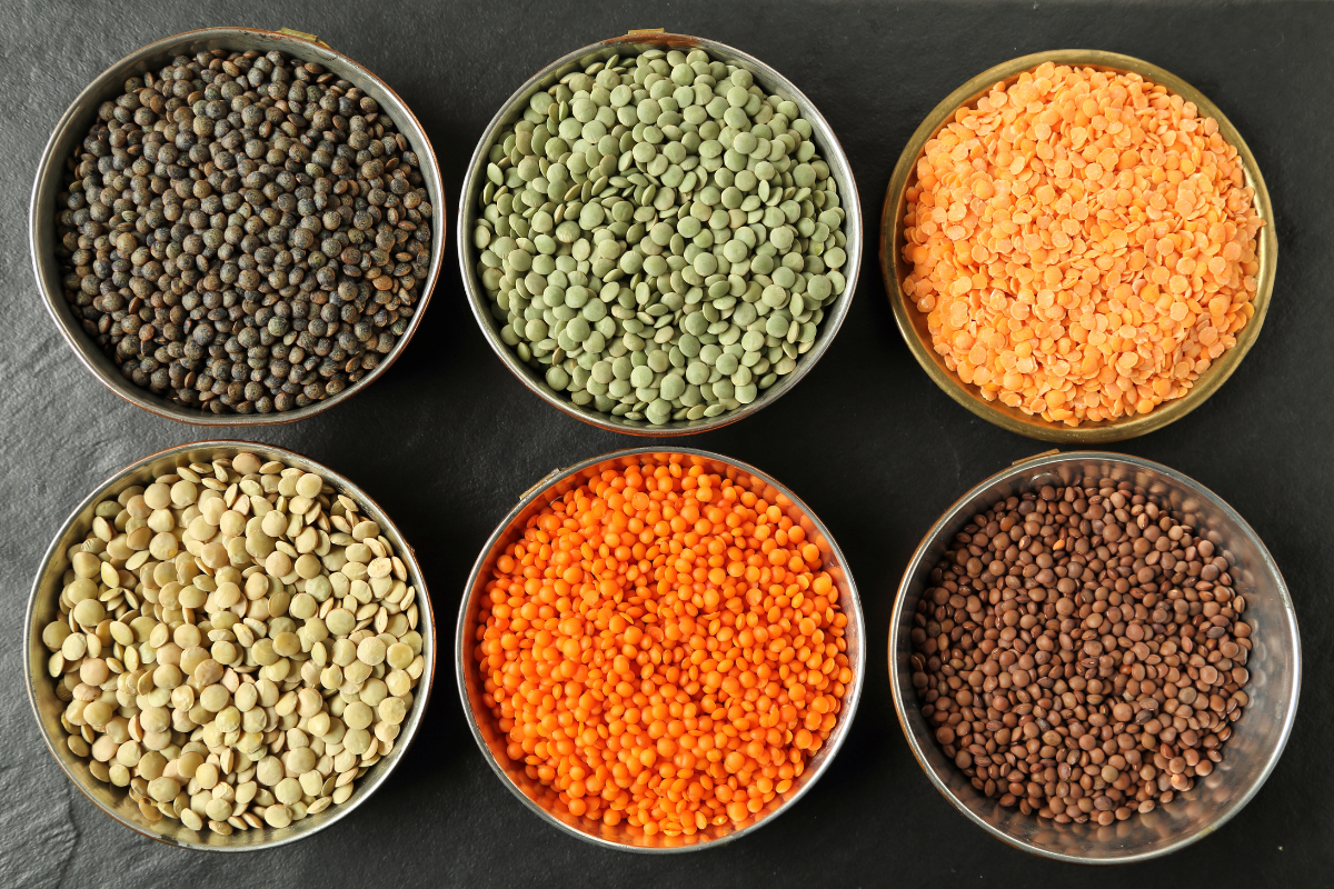 Colourful lentils in bowls