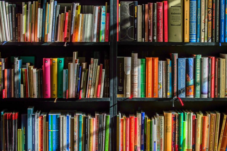 Bookshelves lined with colourful books