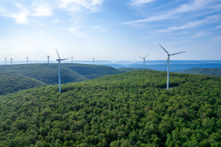 Wind-power windmills along a rolling hillscape