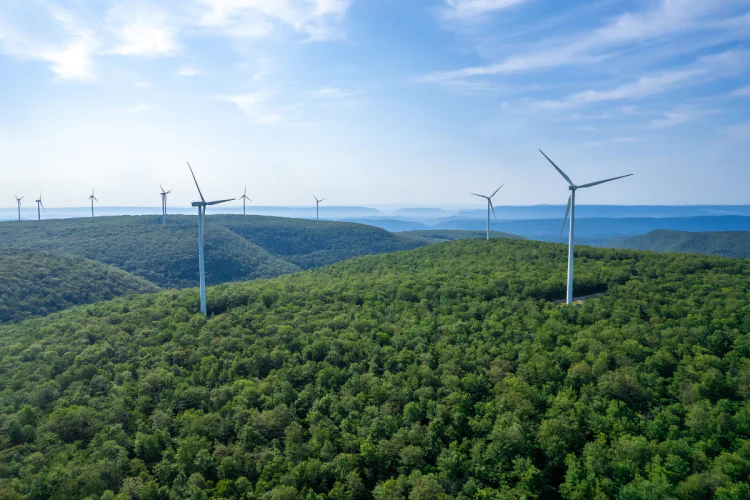Wind-power windmills along a rolling hillscape