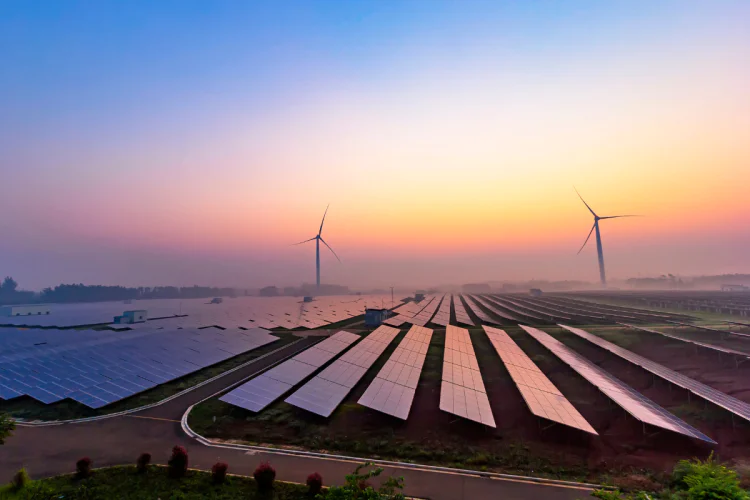 A sunset photo of a solar energy farm with windmills in the background