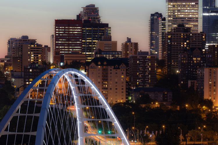 A nighttime photo of the Edmonton skyline