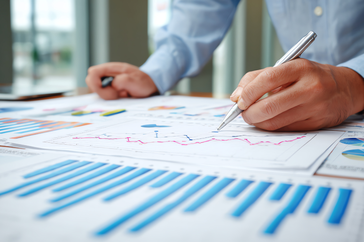 A close-up photo of a man's hands as he writes notes on a financial graph