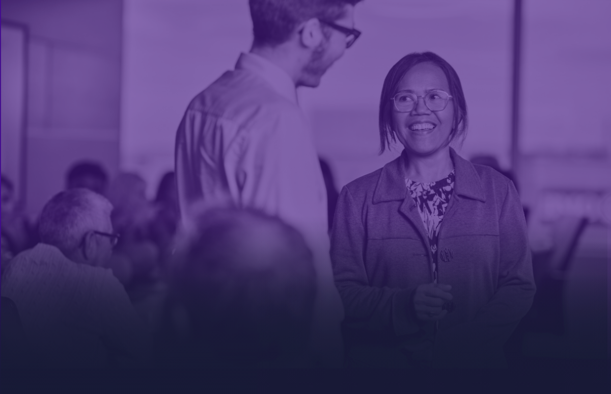 Photo of happy colleagues with purple overlay