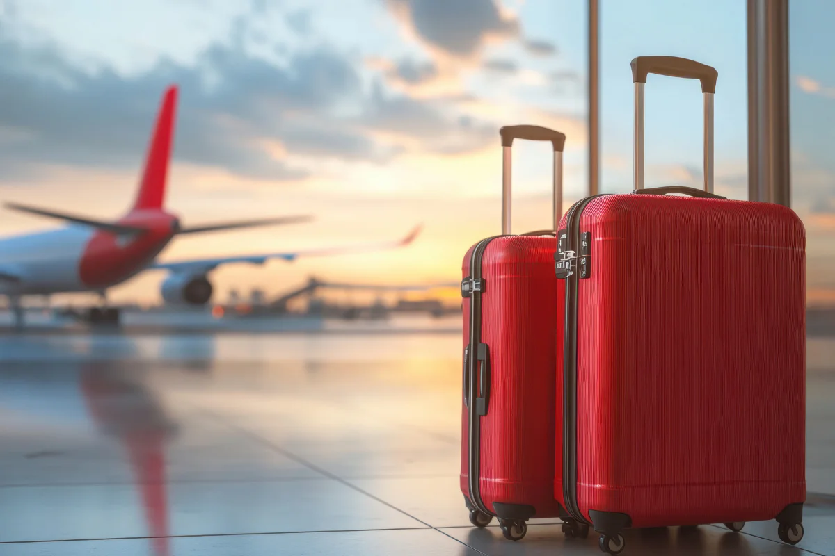 A photo of luggage at an airport at sunrise, an airplane in the background