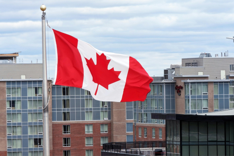 A Canadian flag flying in front of urban residential apartments