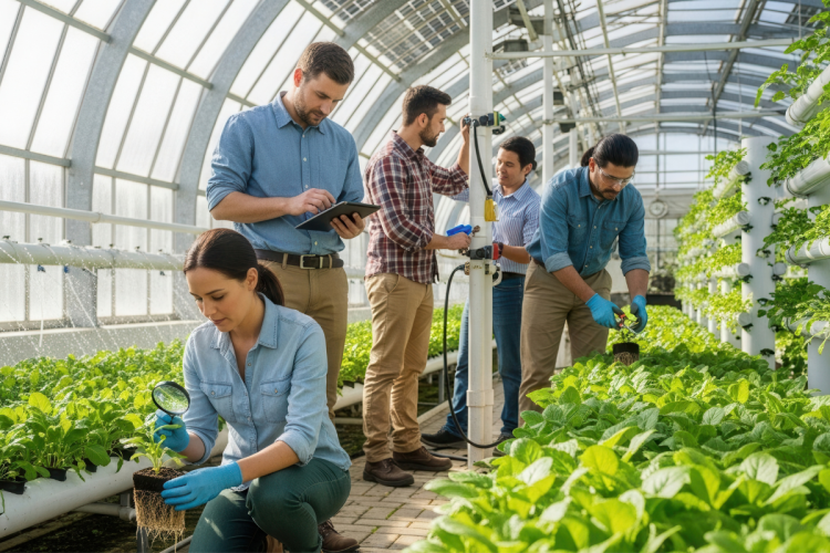 A group of agricultural scientists examining a crop in a greenhouse