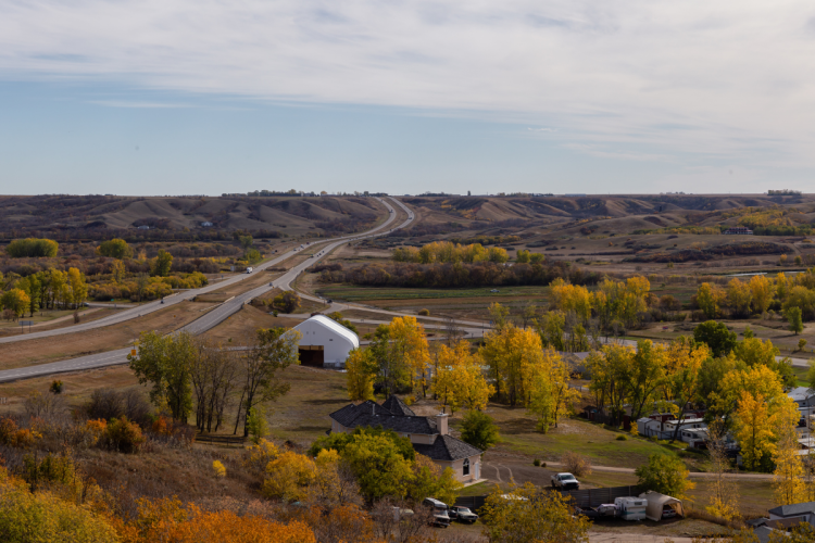 An aerial photo of a rural Saskatchewan town in the autumn