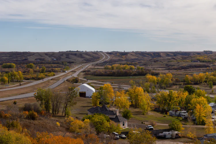 An aerial photo of a rural Saskatchewan town in the autumn