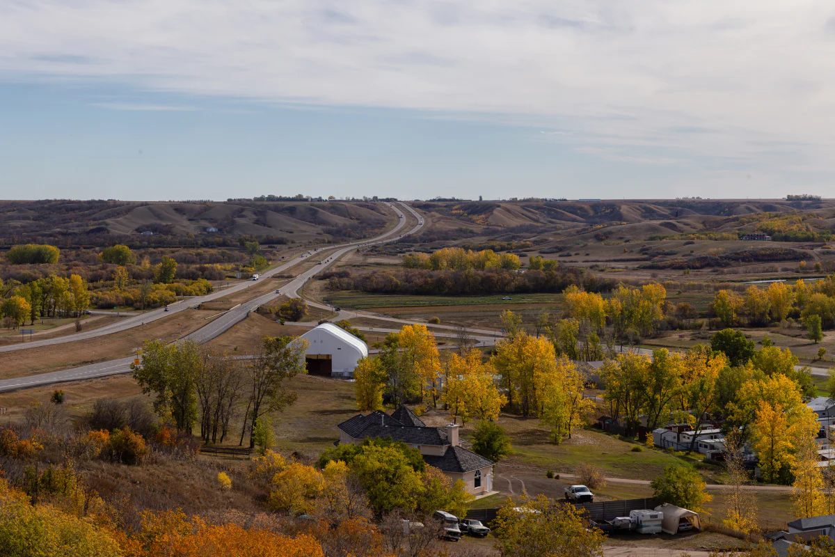 An aerial photo of a rural Saskatchewan town in the autumn