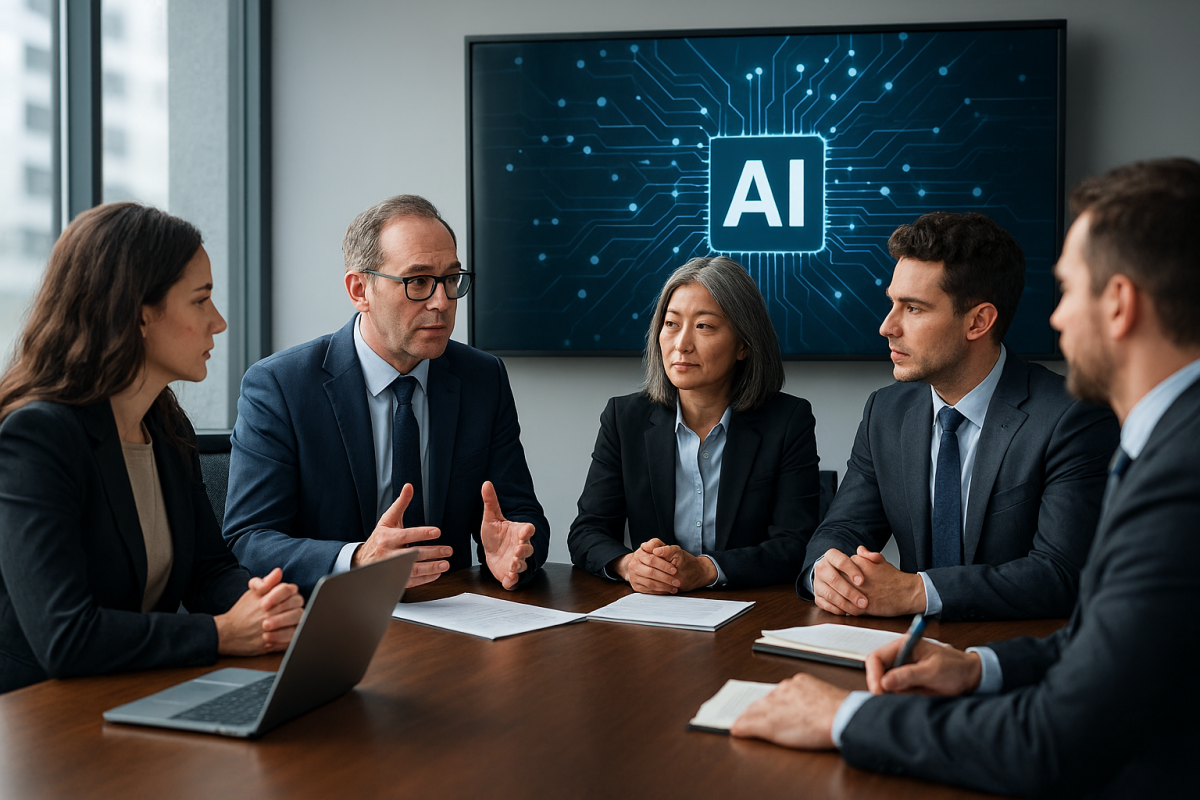 five business people sit around boardroom table with "AI" on a wall-mounted TV screen behind them