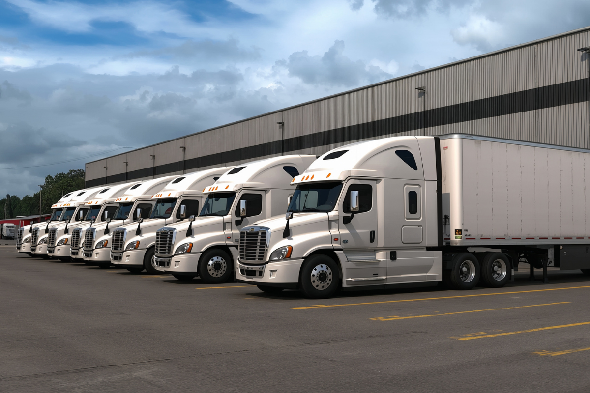 A fleet of semi trucks parked in a line near a warehouse