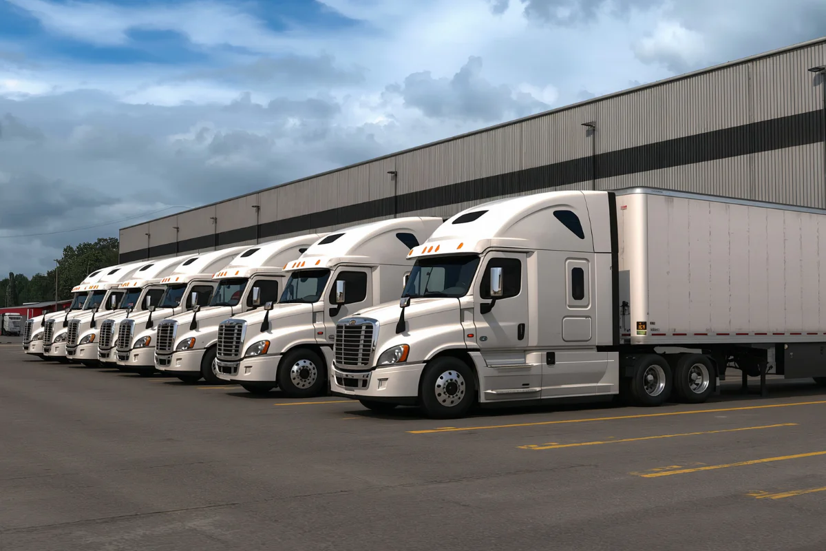 A fleet of semi trucks parked in a line near a warehouse