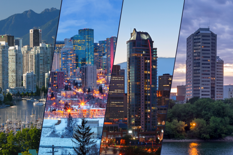 Four photos of the Vancouver, Edmonton, Calgary and Saskatoon skylines