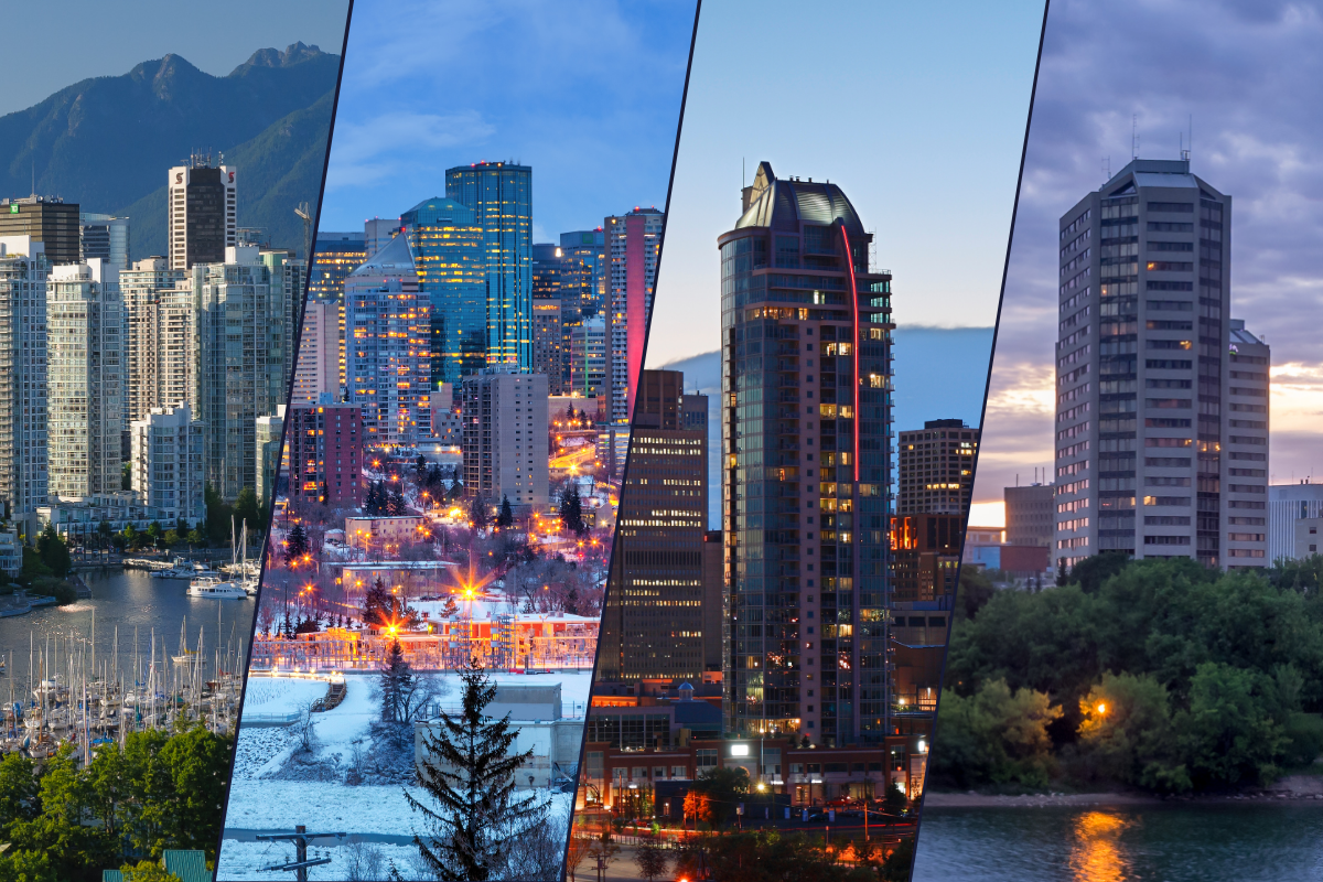 Four photos of the Vancouver, Edmonton, Calgary and Saskatoon skylines
