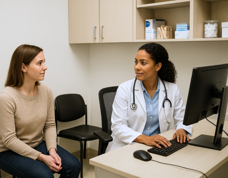 Female patient meets with physician, looking at computer