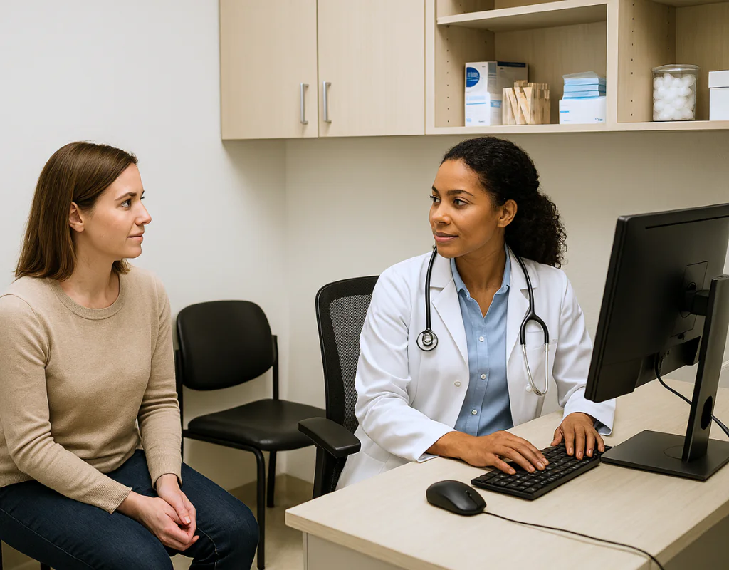 Female patient meets with physician, looking at computer