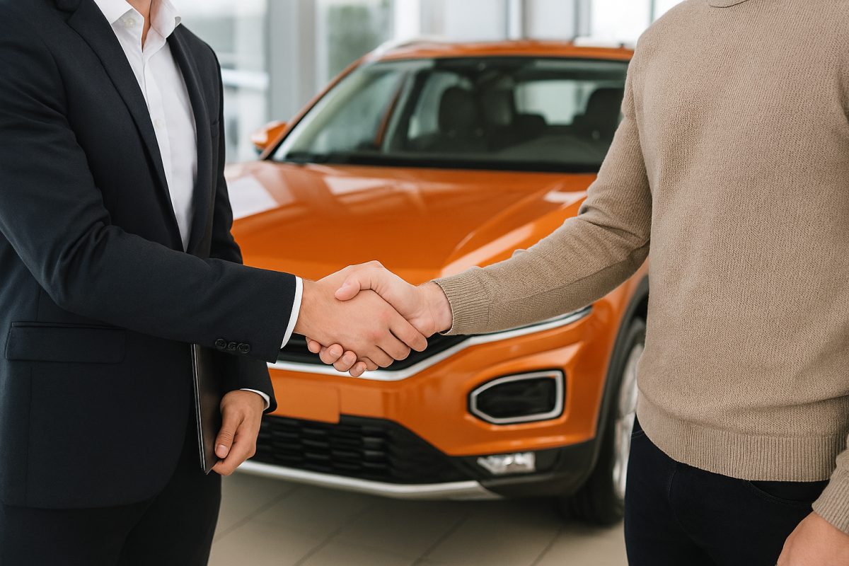 At a car dealership, sales person shakes hands with a customer, orange car in background