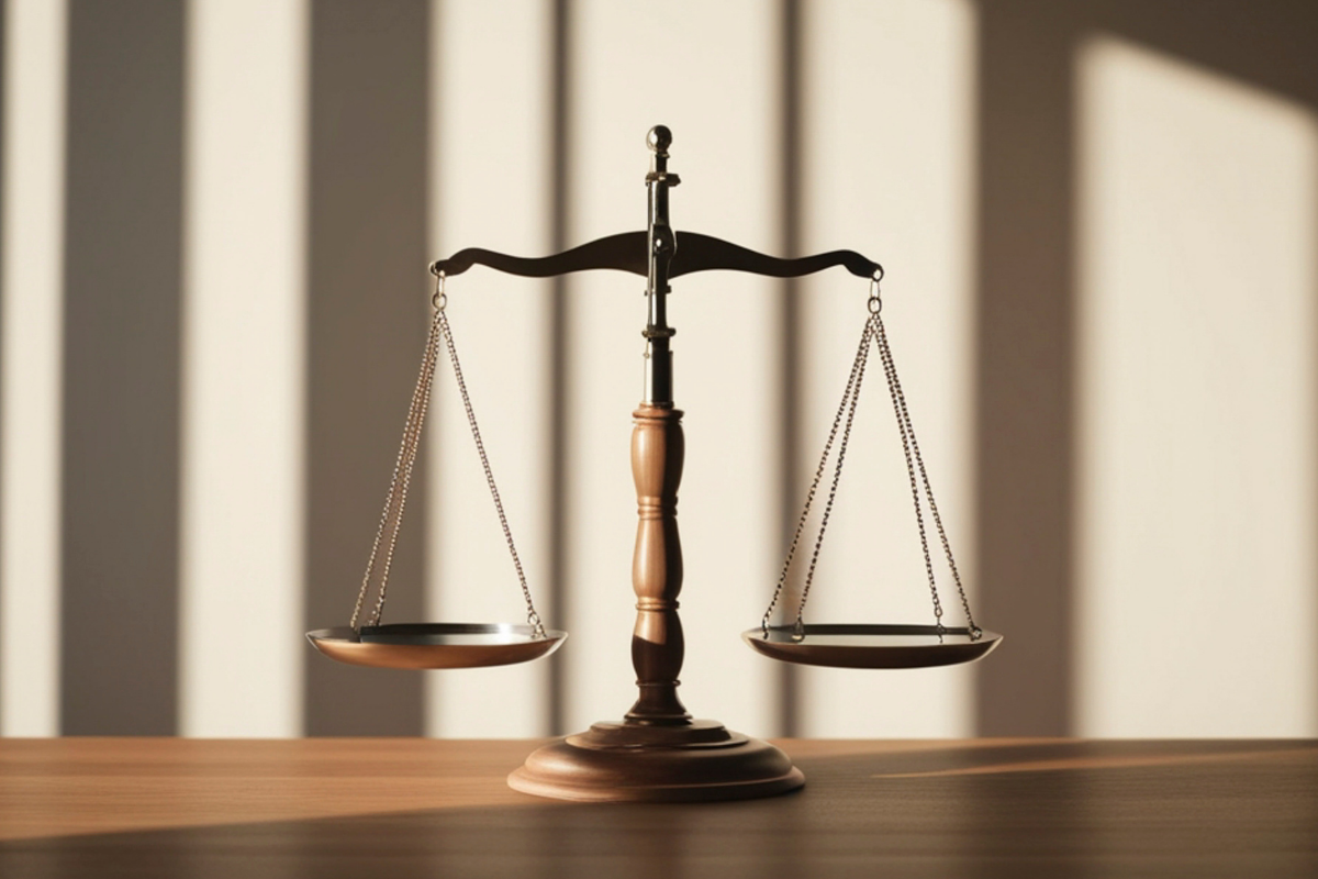 A photo of the scales of justice on a desk
