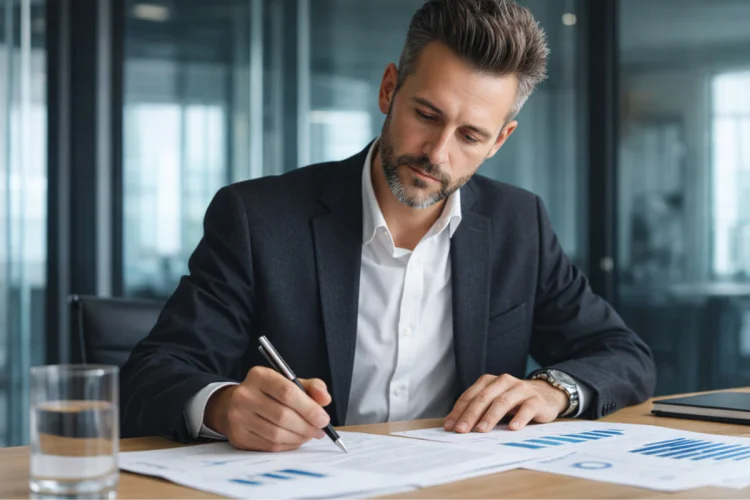 A businessman sits at a boardroom table in modern office, reviewing financial reports