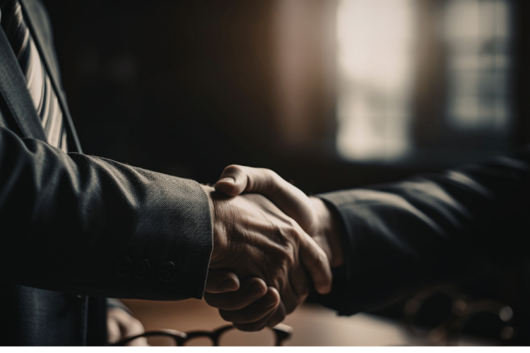 Two men in suits shaking hands in a dim office