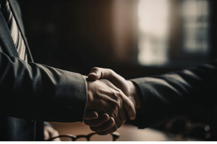 Two men in suits shaking hands in a dim office