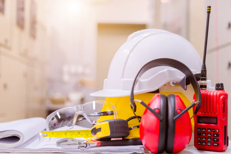 A workbench with jobsite safety equipment