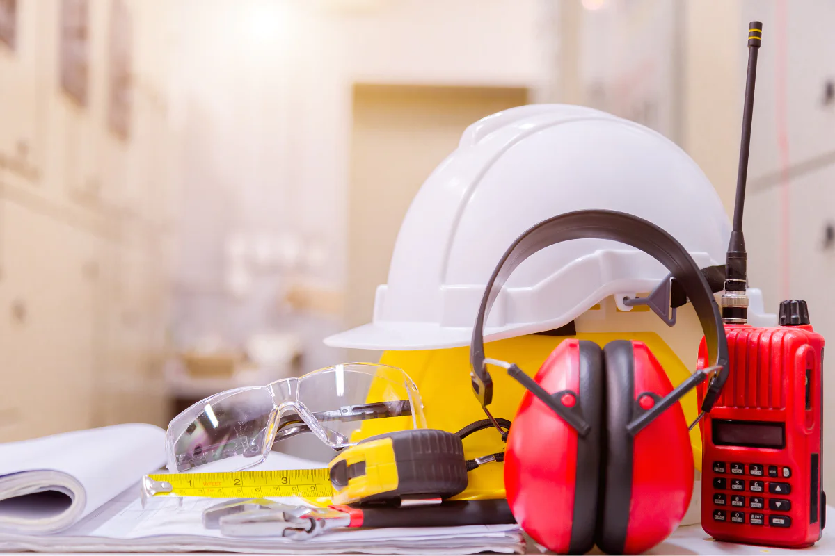 A workbench with jobsite safety equipment