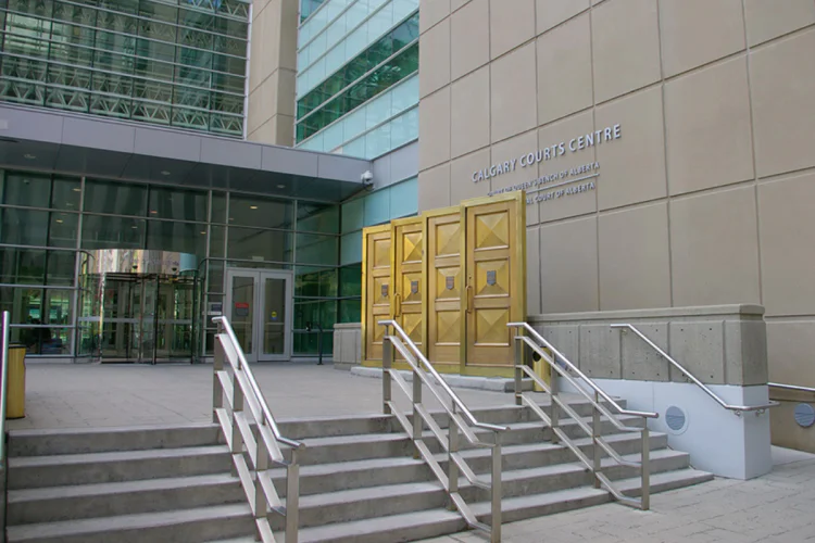 An exterior photo of the Calgary Courts Centre front steps