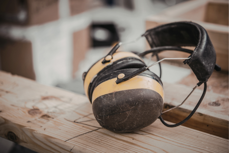 Worksite ear protection sitting on a board