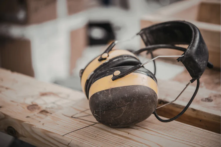 Worksite ear protection sitting on a board