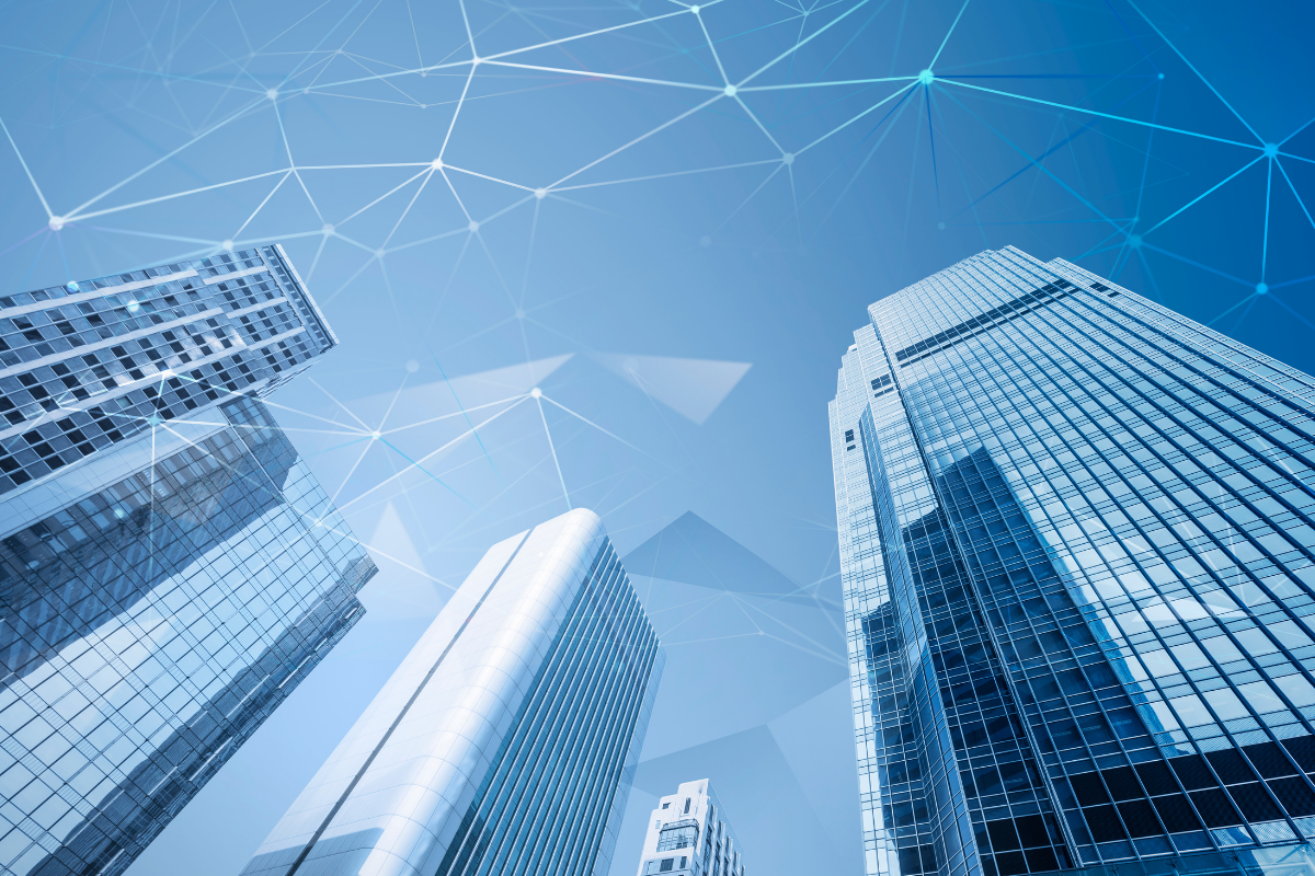 A city skyline with technology graphics overlaid