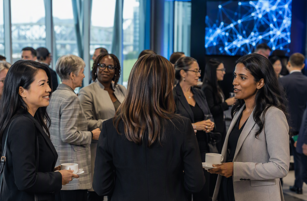 Business people mingle at a tech event