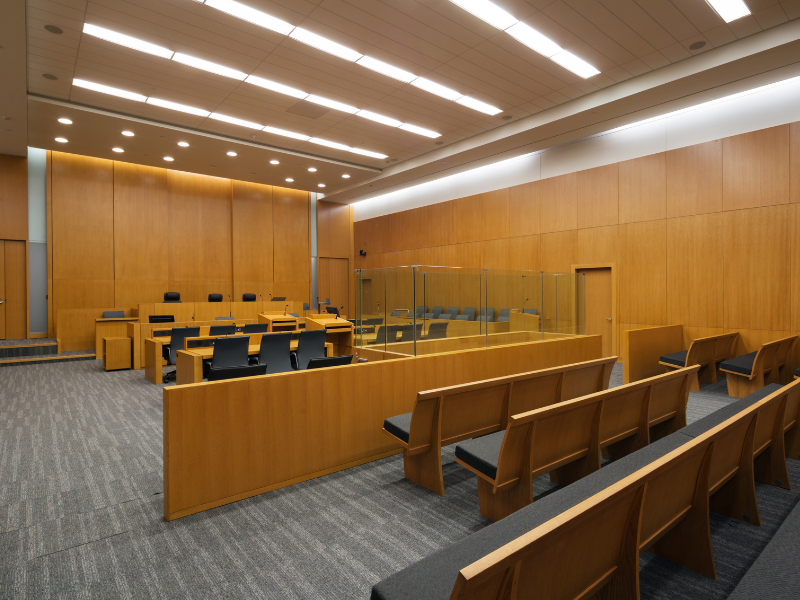 The interior of a courtroom