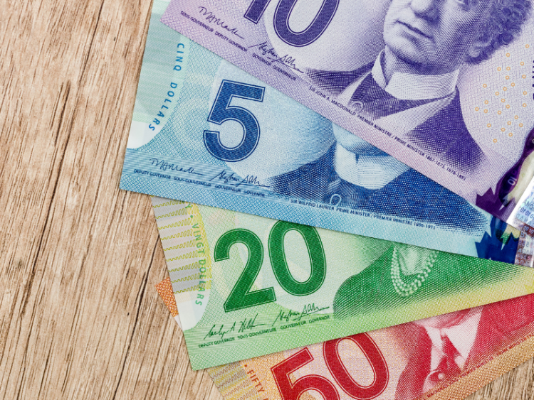 A close-up of fanned out Canadian currency