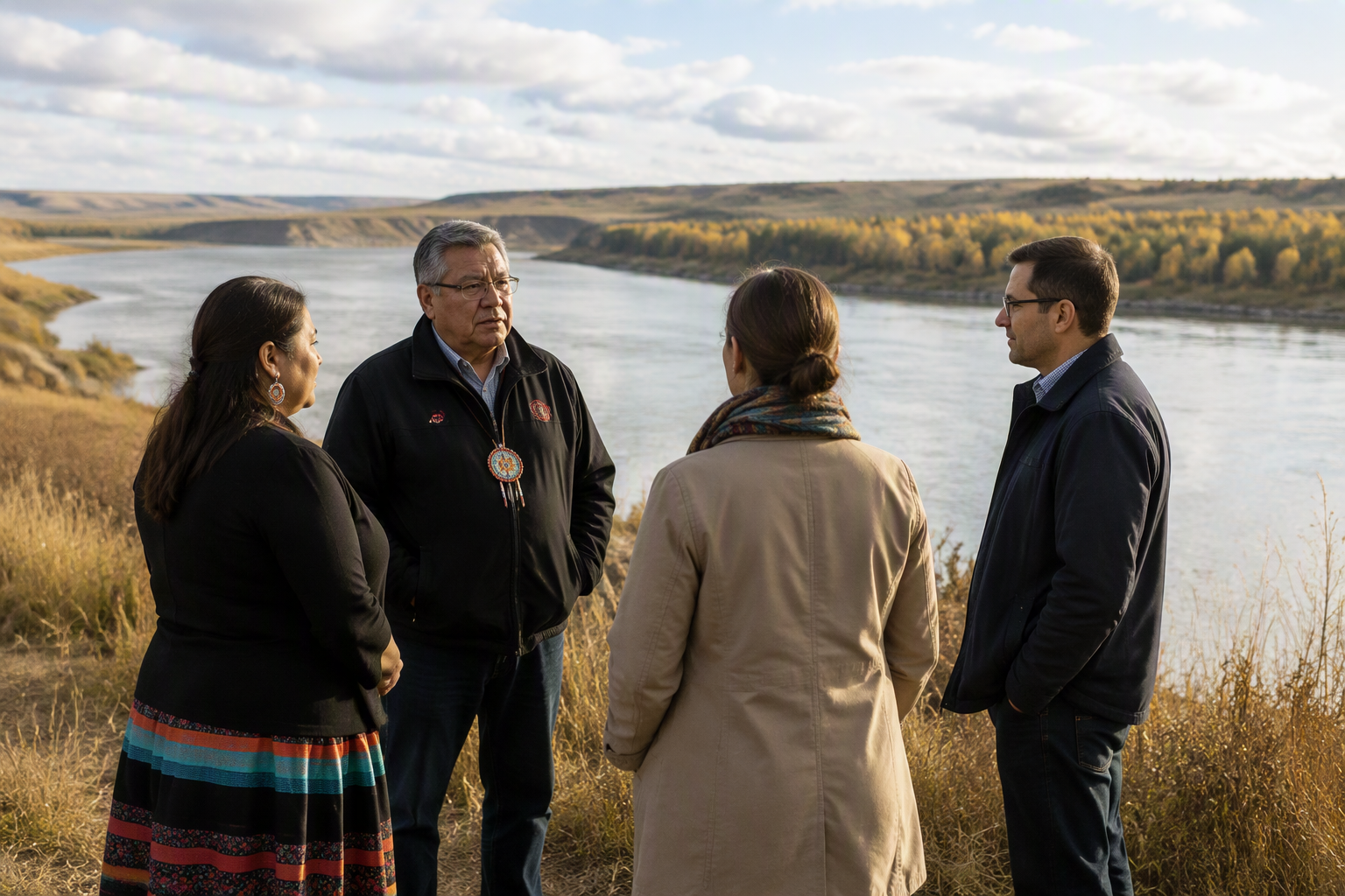 Group of four adults stands outdoors, river in background