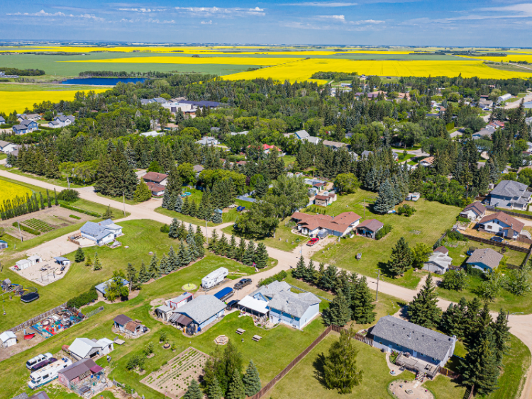 An arial view of a small town in Saskatchewan