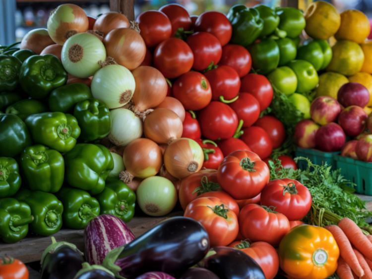 Assorted fresh produce in a market stand