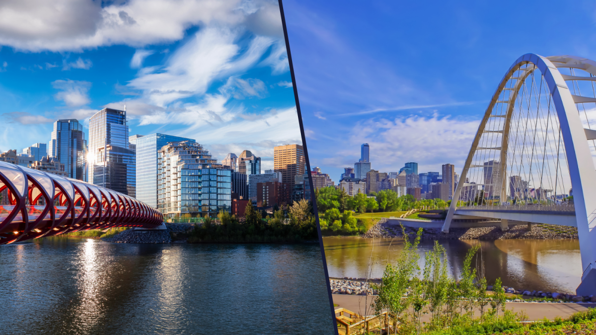 Skylines with bridges in Edmonton and Calgary, Alberta